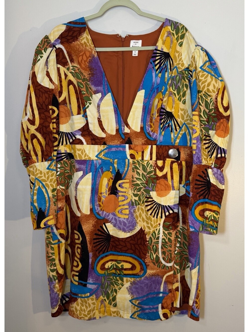 Bar III X GooGoo Atkins Abstract Artsy Puff Sleeve Vneck Multicolor Dress 2X